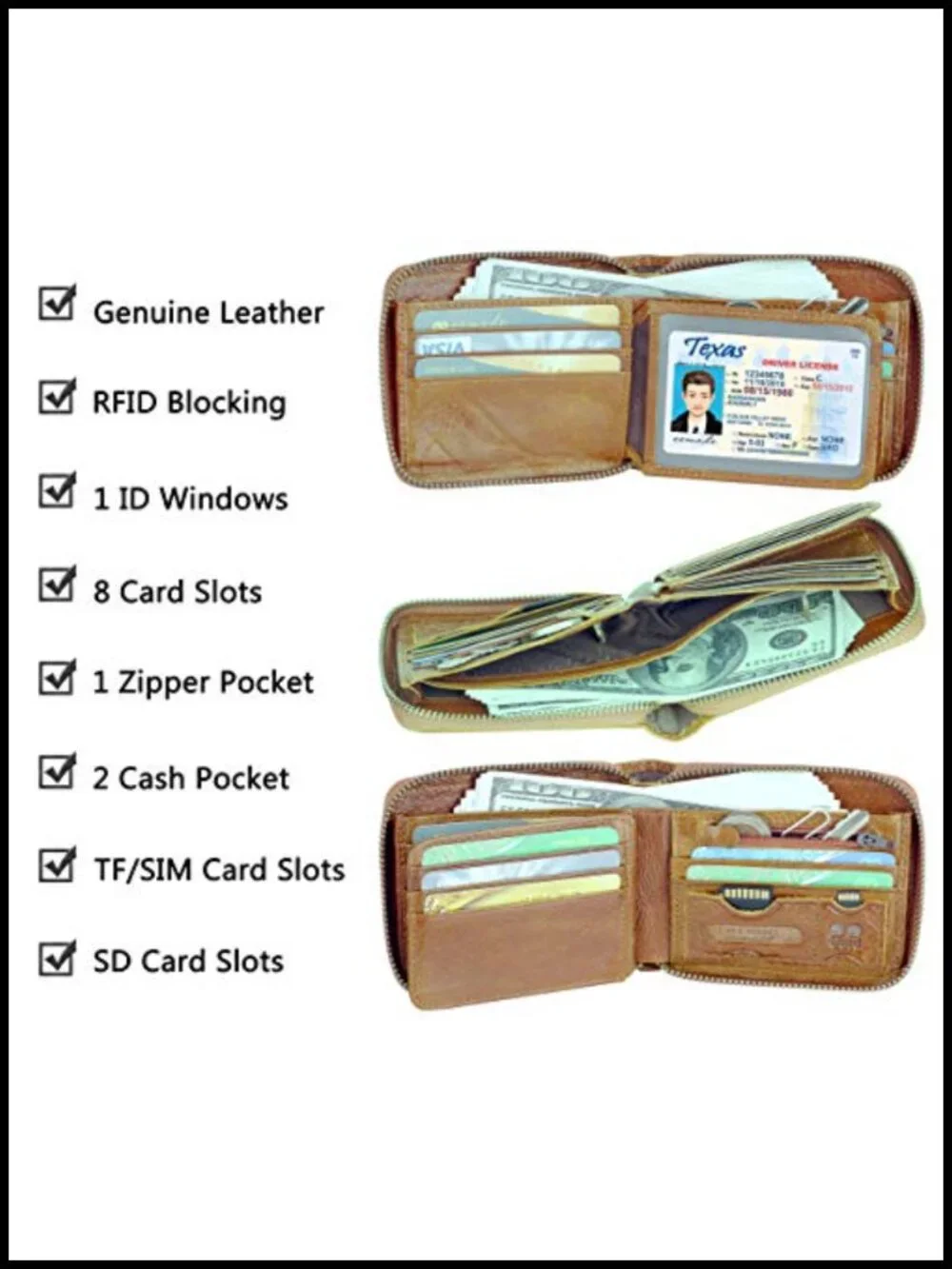 Genuine Leather RFID Blocking Zipper Wallet with 10 Card Slots